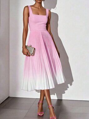 Pink Casual Women's Elegant Sleeveless Zipper Ombre Pleated Dress